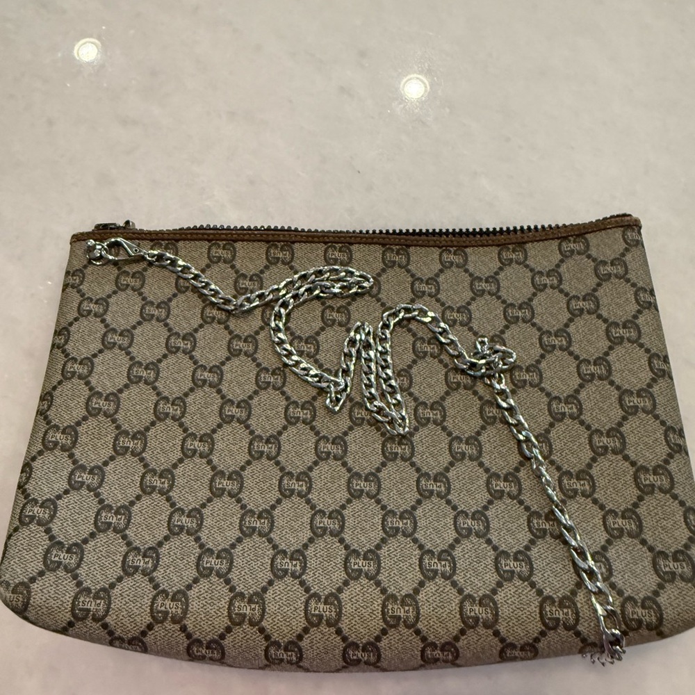 Gucci Beige Monogram Wristlet with Silver Chain